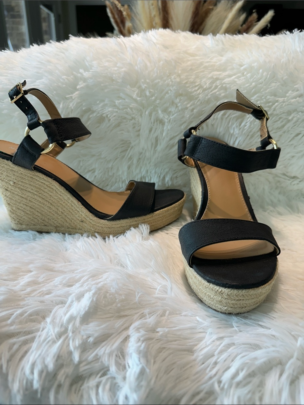 Merona Black Espadrille Wedge Sandals with Ankle Strap and Braided Platform